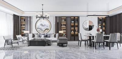 新中式客餐厅 沙发茶几组合 沙发背景墙 餐厅 西餐台 单椅 餐桌椅 吊灯